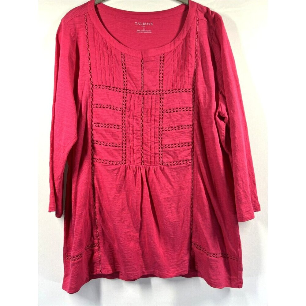 Talbots Plus Pink Cotton Slub Pintuck 3/4 Sleeve Blouse Top Size X